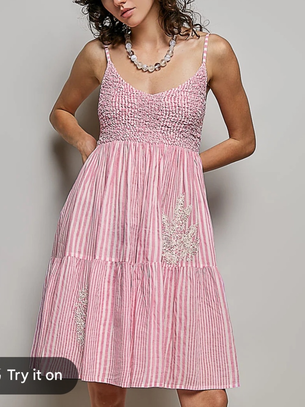POL Women’s Pink Striped and beaded Smocked mini dress size M